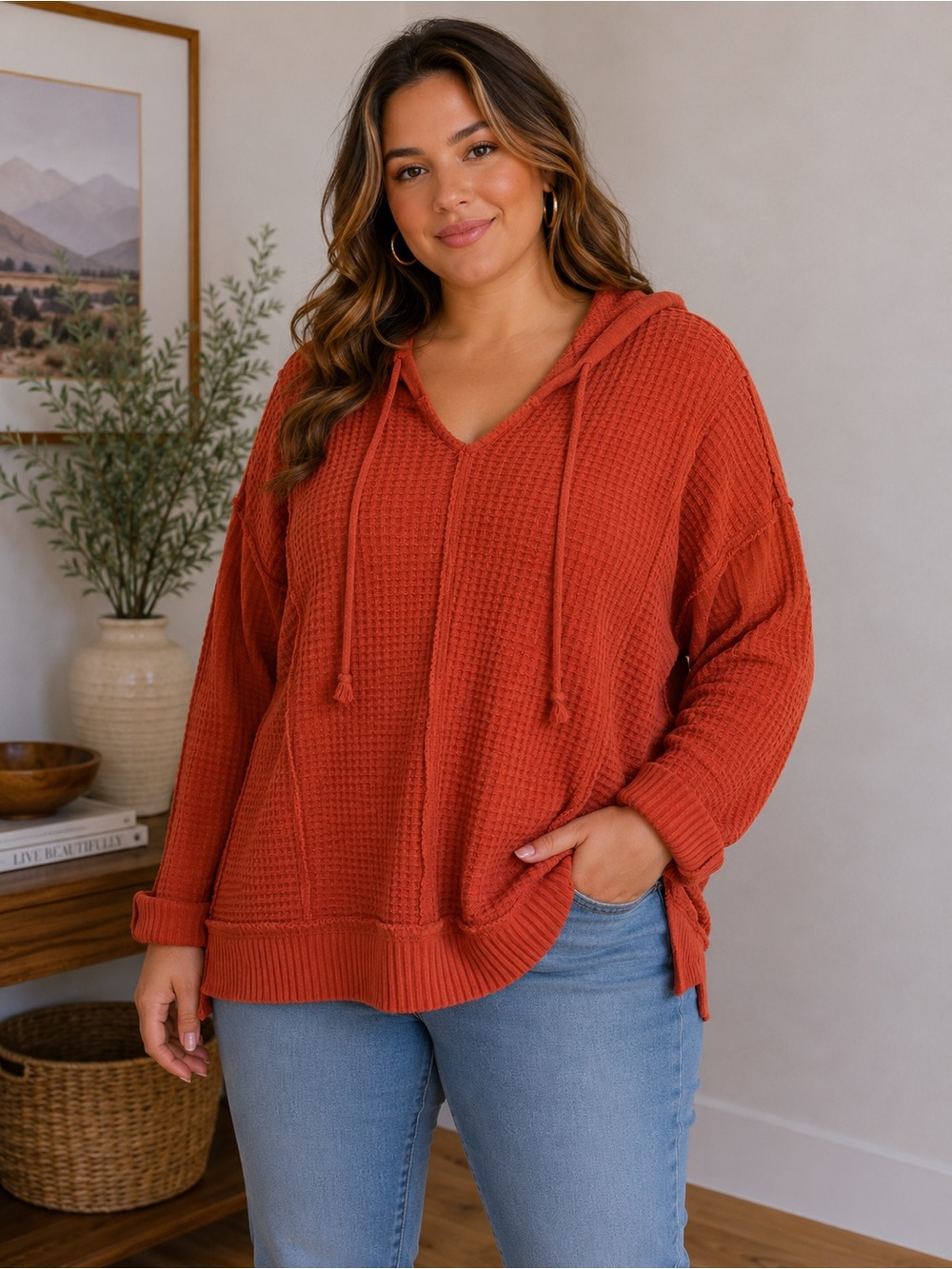Time and Tru Rust Waffle Knit Hooded Pullover
